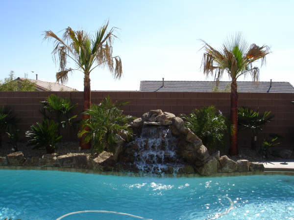 Rock Fountain into pool with Palms
