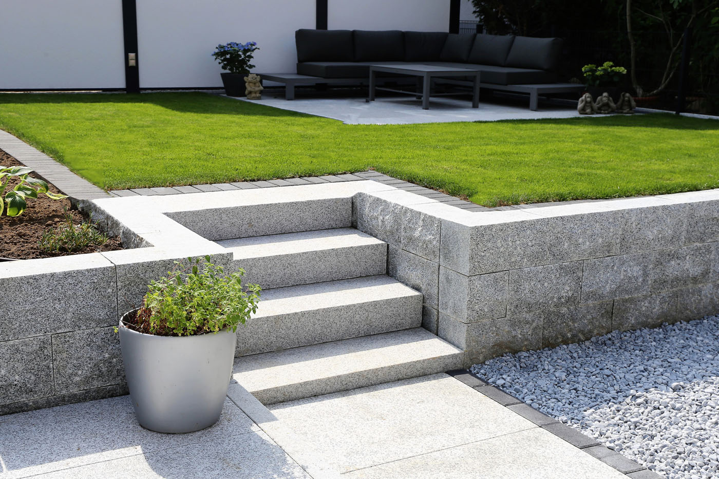 granite wall and solid block steps