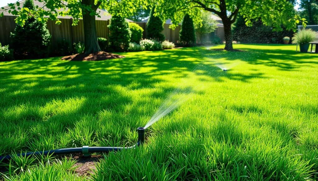A sprinkler waters a lush green lawn in a field, showcasing effective irrigation services.