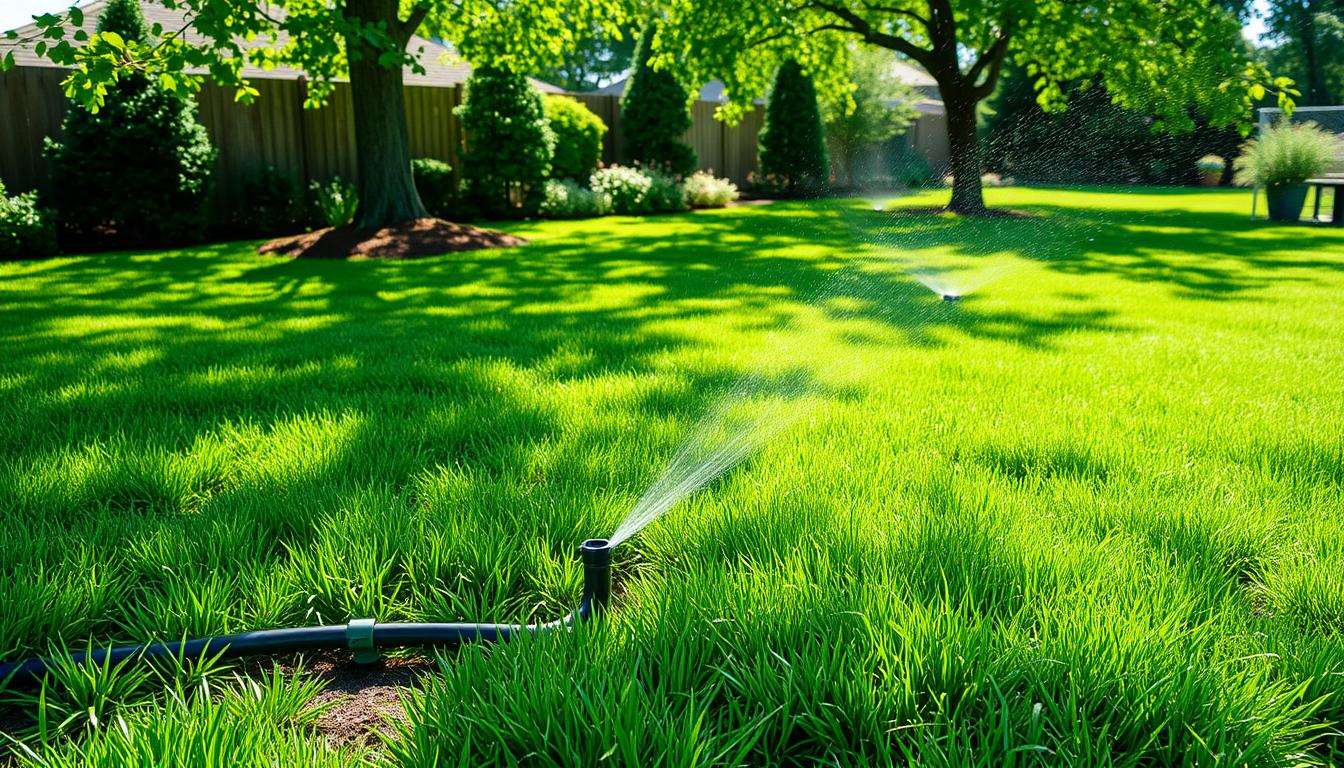 A sprinkler waters a lush green lawn in a field, showcasing effective irrigation services.