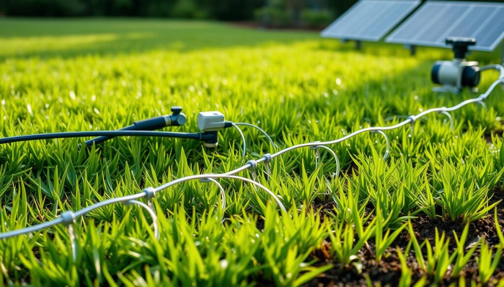 A solar panel alongside a wire in a field, part of a drip irrigation system designed for efficient water usage.