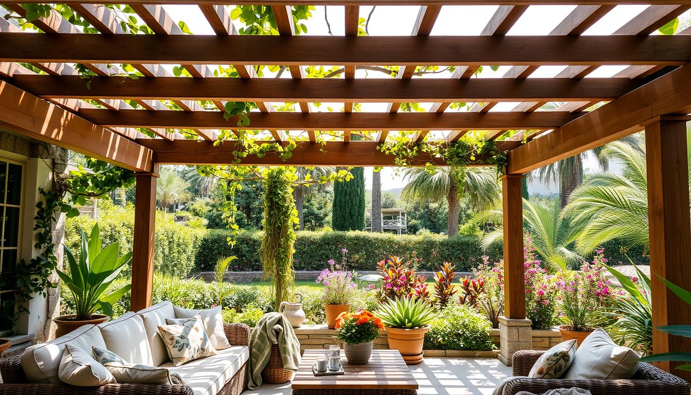 An outdoor patio with wicker seating and greenery, showcasing a comfortable living space with shade options.
