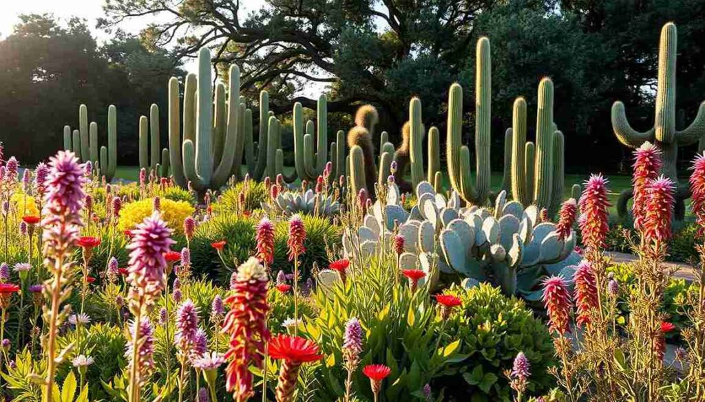 A vibrant garden featuring various native Texas cactus plants and colorful flowers in full bloom.