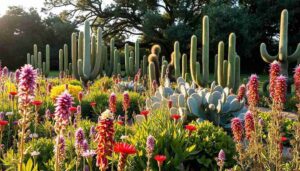 A vibrant garden featuring various native Texas cactus plants and colorful flowers in full bloom. 