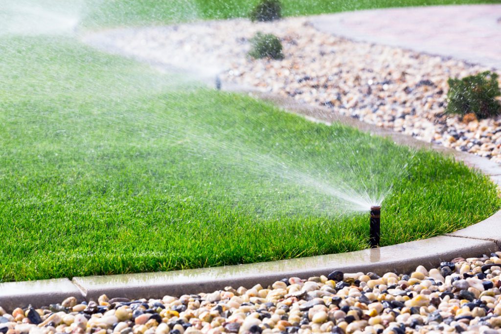 A sprinkler waters a lush green lawn in a garden, showcasing irrigation services in Henderson.