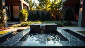 A modern garden featuring a small, elegant water feature surrounded by lush greenery and colorful flowers.
