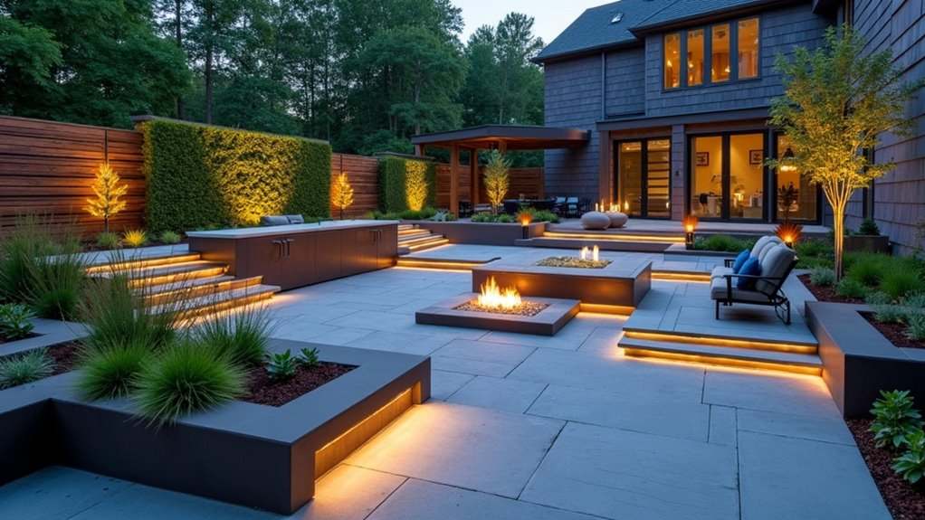 A modern outdoor patio featuring stylish lighting and landscaped hardscape elements for an inviting atmosphere.