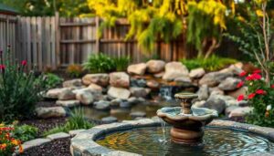 A tranquil backyard oasis featuring a fountain surrounded by a lush garden and a serene rock garden.