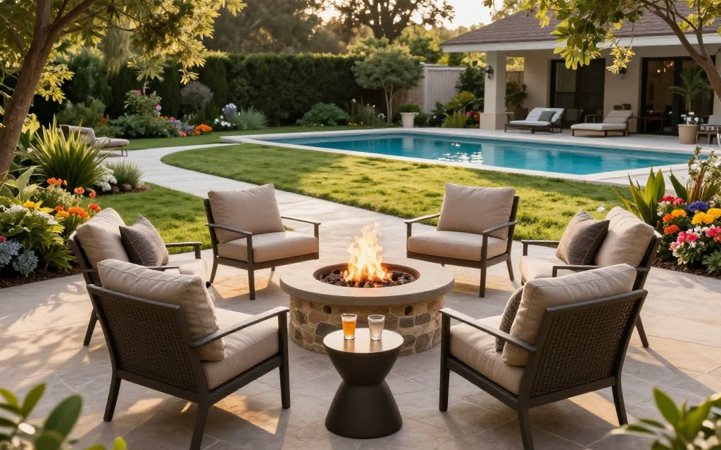 A beautifully designed outdoor living space featuring a central fire pit area, surrounded by comfortable seating arrangements. In the foreground, cozy outdoor chairs with plush cushions are positioned around the fire pit, while stylish side tables hold drinks. The middle section showcases a well-planned layout with smooth pathways guiding guests to the fire pit, leading seamlessly to a shimmering pool in the background. Lush greenery and colorful flowers frame the scene, enhancing the inviting atmosphere. The lighting is warm and natural, suggesting a late afternoon glow with soft shadows cast by trees. The image captures a tranquil and inviting mood, perfect for relaxation and entertainment. A wide-angle perspective showcases the spatial planning and flow of movement in this ideal outdoor living design. A beautifully designed outdoor living space featuring a central fire pit area, surrounded by comfortable seating arrangements. In the foreground, cozy outdoor chairs with plush cushions are positioned around the fire pit, while stylish side tables hold drinks. The middle section showcases a well-planned layout with smooth pathways guiding guests to the fire pit, leading seamlessly to a shimmering pool in the background. Lush greenery and colorful flowers frame the scene, enhancing the inviting atmosphere. The lighting is warm and natural, suggesting a late afternoon glow with soft shadows cast by trees. The image captures a tranquil and inviting mood, perfect for relaxation and entertainment. A wide-angle perspective showcases the spatial planning and flow of movement in this ideal outdoor living design.