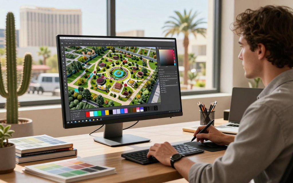 A modern desktop setup showcasing advanced landscape design software. In the foreground, a sleek computer monitor displays a vibrant, intricate 3D landscape plan featuring lush gardens, elegant pathways, and various plant designs. A professional landscape designer, dressed in smart casual attire, sits focused at the desk, interacting with the software using a digital pen. The middle layer includes a neatly organized workspace with design tools, color swatches, and landscape books. In the background, large windows reveal a sunny Las Vegas skyline, with cactus and palm trees lining the view. The scene is illuminated by warm, natural light, creating an inviting atmosphere that embodies creativity and professionalism. Capture an angle that emphasizes both the designer's engagement and the software's dynamic features.