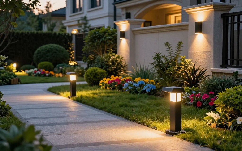 A beautifully landscaped garden at dusk illuminated by elegant low voltage outdoor lighting fixtures. In the foreground, a series of stylish, sleek pathway lights made of matte black metal, casting warm, inviting pools of light on the stone walkway. In the middle, decorative wall-mounted sconces highlight the greenery and architectural details of the house, creating a welcoming ambiance. The background features softly glowing spotlights illuminating vibrant flower beds and shrubbery, enhancing the landscape's textures and colors. The scene is captured with a wide-angle lens to encompass the entire layout, using a golden hour glow to set a serene, cozy mood. The focus is sharp, highlighting the quality and design of the lighting fixtures within this enchanting outdoor setting. A beautifully landscaped garden at dusk illuminated by elegant low voltage outdoor lighting fixtures. In the foreground, a series of stylish, sleek pathway lights made of matte black metal, casting warm, inviting pools of light on the stone walkway. In the middle, decorative wall-mounted sconces highlight the greenery and architectural details of the house, creating a welcoming ambiance. The background features softly glowing spotlights illuminating vibrant flower beds and shrubbery, enhancing the landscape's textures and colors. The scene is captured with a wide-angle lens to encompass the entire layout, using a golden hour glow to set a serene, cozy mood. The focus is sharp, highlighting the quality and design of the lighting fixtures within this enchanting outdoor setting.