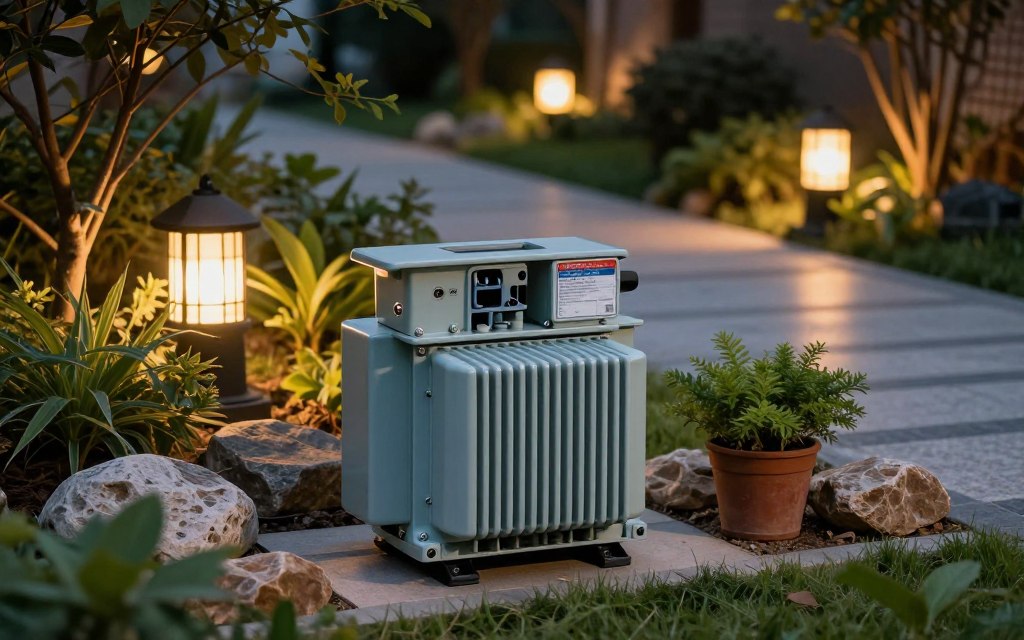 A low voltage landscape lighting transformer prominently positioned in the foreground, showcasing its compact, sturdy design with clear labeling and terminal connections. The transformer is made of durable materials with a weather-resistant finish, surrounded by garden elements like potted plants and decorative stones that enhance its utility in outdoor settings. In the middle ground, soft, ambient lighting illuminates nearby garden fixtures, casting gentle shadows that evoke a warm inviting atmosphere. The background features a softly blurred garden path with trees and shrubbery, suggesting a peaceful evening scene. The perspective is slightly elevated, capturing the entire setup in a practical yet aesthetic manner, emphasizing the transformer as an essential tool for effective landscape lighting. The mood is serene and functional, perfect for conveying safety and style in outdoor lighting. A low voltage landscape lighting transformer prominently positioned in the foreground, showcasing its compact, sturdy design with clear labeling and terminal connections. The transformer is made of durable materials with a weather-resistant finish, surrounded by garden elements like potted plants and decorative stones that enhance its utility in outdoor settings. In the middle ground, soft, ambient lighting illuminates nearby garden fixtures, casting gentle shadows that evoke a warm inviting atmosphere. The background features a softly blurred garden path with trees and shrubbery, suggesting a peaceful evening scene. The perspective is slightly elevated, capturing the entire setup in a practical yet aesthetic manner, emphasizing the transformer as an essential tool for effective landscape lighting. The mood is serene and functional, perfect for conveying safety and style in outdoor lighting.