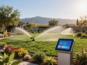 A modern landscape featuring a smart irrigation system integrated into a lush, green garden within a Nevada estate. In the foreground, showcase a high-tech irrigation control panel with touchscreen interface, glowing softly under the afternoon sun. In the middle ground, display a series of automated sprinkler heads that are strategically positioned among colorful flower beds and healthy shrubs, capturing the essence of efficient water usage. In the background, include a picturesque view of the Nevada landscape, featuring distant mountains and a clear blue sky. The scene is illuminated by warm, natural lighting, creating a serene and advanced atmosphere. Ensure that the image conveys a sense of innovation and sustainability in modern landscape maintenance, with sleek design elements highlighting the technology.