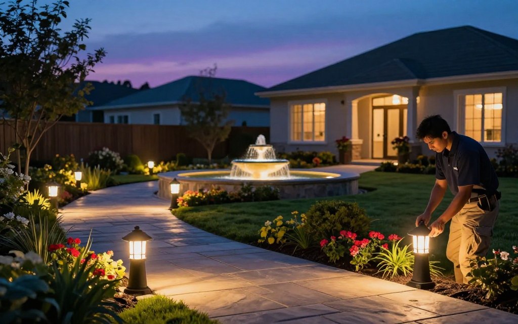 A serene low voltage landscape lighting installation in a suburban backyard during twilight. In the foreground, neatly arranged path lights illuminate a stone walkway, casting a warm, inviting glow on lush greenery. A professional landscape technician, dressed in a polo shirt and khakis, is carefully installing a low voltage fixture next to vibrant flower beds. The middle ground features a gently flowing fountain, softly lit with integrated LED lighting, surrounded by decorative shrubs. In the background, an elegant home silhouette is visible, with ambient light spilling from the windows. The sky blends deep blues and purples, enhancing the tranquil atmosphere, and the overall scene showcases the safety and aesthetic benefits of low voltage landscape lighting. Capture the details with a soft focus, emphasizing warmth and professionalism in the installation process. A serene low voltage landscape lighting installation in a suburban backyard during twilight. In the foreground, neatly arranged path lights illuminate a stone walkway, casting a warm, inviting glow on lush greenery. A professional landscape technician, dressed in a polo shirt and khakis, is carefully installing a low voltage fixture next to vibrant flower beds. The middle ground features a gently flowing fountain, softly lit with integrated LED lighting, surrounded by decorative shrubs. In the background, an elegant home silhouette is visible, with ambient light spilling from the windows. The sky blends deep blues and purples, enhancing the tranquil atmosphere, and the overall scene showcases the safety and aesthetic benefits of low voltage landscape lighting. Capture the details with a soft focus, emphasizing warmth and professionalism in the installation process.