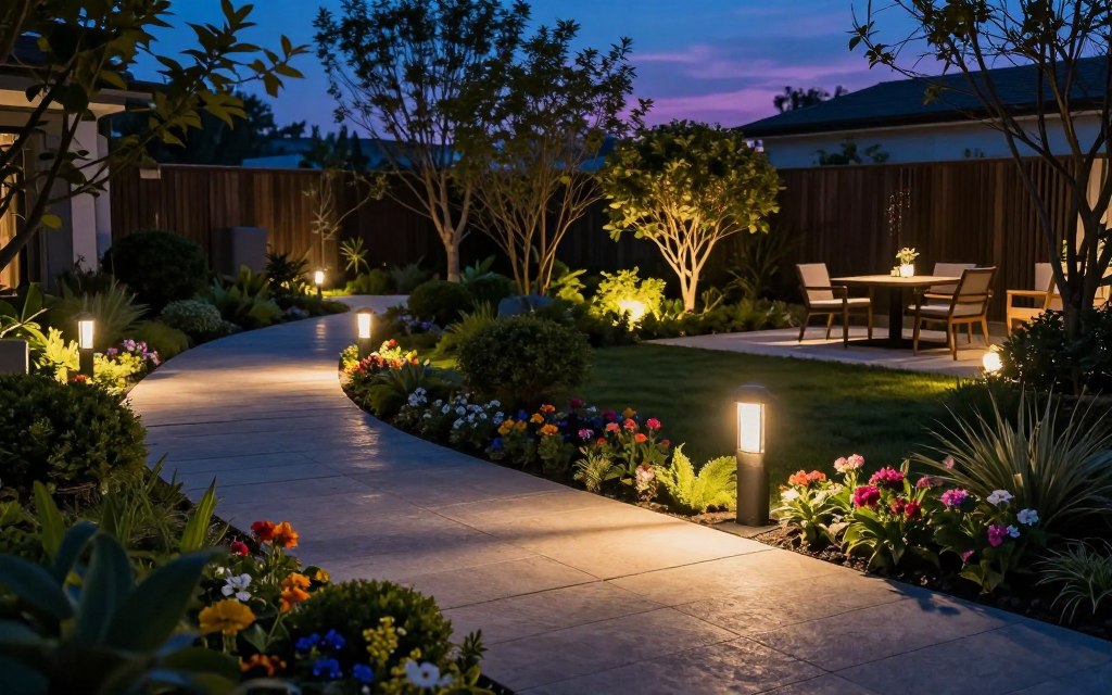 A serene night garden scene featuring low voltage landscape lighting illuminating various plants and pathways. In the foreground, soft, warm light casts gentle glows from sleek, modern LED path lights lined along a stone walkway, enhancing the natural beauty of colorful flowers. The middle ground includes well-lit shrubs and trees, artfully designed to create safe navigation while maintaining a stylish aesthetic. In the background, a softly lit patio area showcases a cozy sitting arrangement, inviting relaxation. The scene captures a tranquil ambiance, with a twilight sky adding rich blues and purples. Utilize a slightly elevated angle to emphasize the interplay of light and shadows, highlighting the elegant design of the lighting fixtures. Aim for a peaceful yet inviting atmosphere, perfect for showcasing the concept of low voltage landscape lighting. A serene night garden scene featuring low voltage landscape lighting illuminating various plants and pathways. In the foreground, soft, warm light casts gentle glows from sleek, modern LED path lights lined along a stone walkway, enhancing the natural beauty of colorful flowers. The middle ground includes well-lit shrubs and trees, artfully designed to create safe navigation while maintaining a stylish aesthetic. In the background, a softly lit patio area showcases a cozy sitting arrangement, inviting relaxation. The scene captures a tranquil ambiance, with a twilight sky adding rich blues and purples. Utilize a slightly elevated angle to emphasize the interplay of light and shadows, highlighting the elegant design of the lighting fixtures. Aim for a peaceful yet inviting atmosphere, perfect for showcasing the concept of low voltage landscape lighting.