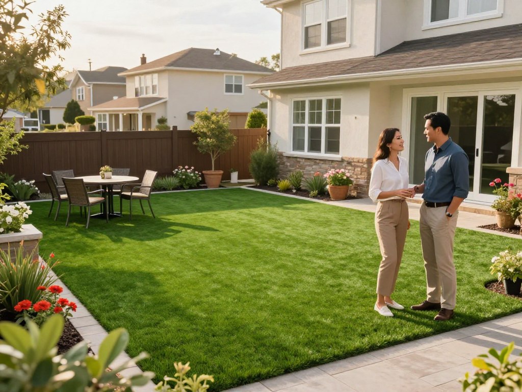 A beautifully manicured backyard featuring vibrant synthetic turf, showcasing its lush green color against a well-maintained house that illustrates increased property value. In the foreground, a professional couple dressed in smart casual attire is admiring their garden, exuding a sense of pride and satisfaction. The middle ground displays the seamlessly installed turf, enhancing the aesthetic appeal of the space, with neatly arranged outdoor furniture for a cozy atmosphere. In the background, a picturesque neighborhood with tidy homes and blooming flowers emphasizes the positive impact on property value. The scene is bathed in warm, golden sunlight during late afternoon, emphasizing a cheerful, inviting mood. The angle is slightly elevated, capturing both the landscape and the couple harmoniously engaged in conversation about their investment in synthetic turf. A beautifully manicured backyard featuring vibrant synthetic turf, showcasing its lush green color against a well-maintained house that illustrates increased property value. In the foreground, a professional couple dressed in smart casual attire is admiring their garden, exuding a sense of pride and satisfaction. The middle ground displays the seamlessly installed turf, enhancing the aesthetic appeal of the space, with neatly arranged outdoor furniture for a cozy atmosphere. In the background, a picturesque neighborhood with tidy homes and blooming flowers emphasizes the positive impact on property value. The scene is bathed in warm, golden sunlight during late afternoon, emphasizing a cheerful, inviting mood. The angle is slightly elevated, capturing both the landscape and the couple harmoniously engaged in conversation about their investment in synthetic turf.