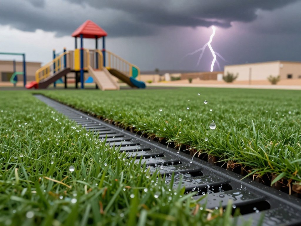 A close-up view of synthetic turf showcasing its advanced drainage system during a desert storm. In the foreground, glistening droplets of water flow through the intricate drainage channels of lush green synthetic grass, demonstrating its superior drainage performance. The middle ground features a vibrant playground equipped with modern sports equipment, hinting at its durability and suitability for various activities. In the background, ominous clouds gather, reflecting the energy of a desert storm with flashes of lightning illuminating the scene. The lighting is dramatic, with high contrast emphasizing the water's movement. The atmosphere conveys a sense of resilience and innovation in landscaping technology, perfect for extreme weather conditions. A close-up view of synthetic turf showcasing its advanced drainage system during a desert storm. In the foreground, glistening droplets of water flow through the intricate drainage channels of lush green synthetic grass, demonstrating its superior drainage performance. The middle ground features a vibrant playground equipped with modern sports equipment, hinting at its durability and suitability for various activities. In the background, ominous clouds gather, reflecting the energy of a desert storm with flashes of lightning illuminating the scene. The lighting is dramatic, with high contrast emphasizing the water's movement. The atmosphere conveys a sense of resilience and innovation in landscaping technology, perfect for extreme weather conditions.