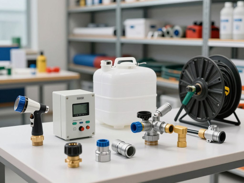 A detailed view of commercial sprinkler system components displayed on a clean, modern workbench. In the foreground, showcase various parts such as a spray nozzle, controller panel, pressure regulator, and drip irrigation fittings, arranged neatly for easy examination. In the middle ground, include a water tank and a hose reel, subtly blending into the scene. The background features a well-lit workshop with shelves housing additional irrigation supplies, pipes, and tools, emphasizing a professional environment. Soft, natural lighting highlights the textures of the materials, captured with a shallow depth of field to create an inviting atmosphere. This composition embodies the essentials of an optimized irrigation system, ideal for educational content.