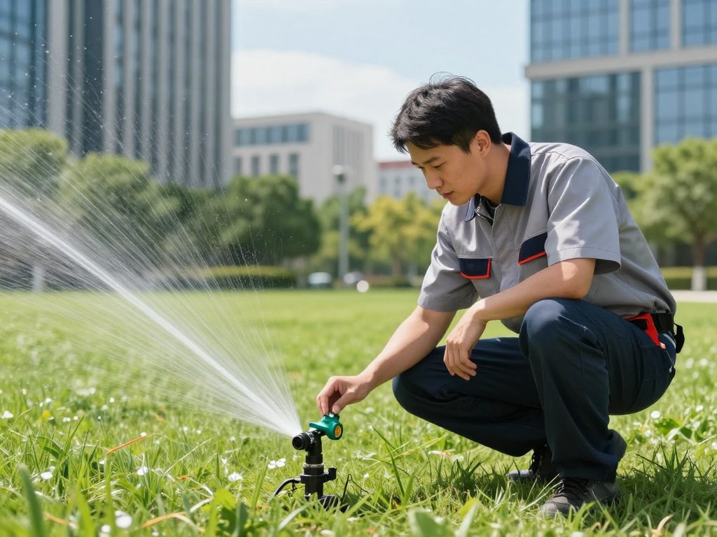 A high-quality image showing a professional irrigation technician in a uniform inspecting a commercial sprinkler head on a vibrant green office park lawn during a sunny day.