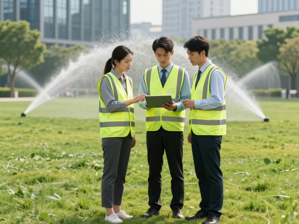 A high-quality photo of a professional irrigation team wearing safety vests, reviewing digital site maps on a tablet while standing on a lush, green commercial office park lawn with modern sprinklers in the background.