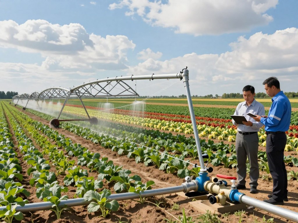 A modern commercial irrigation system in operation on a vibrant agricultural field. In the foreground, a well-maintained drip irrigation system is visible, with gleaming pipes and valves showcasing advanced technology. Farmers in professional clothing are inspecting the setup, utilizing tablets to analyze data. In the middle ground, lush rows of crops in varying stages of growth demonstrate the effectiveness of optimized irrigation. The background reveals a bright blue sky with fluffy clouds, casting soft, natural sunlight across the entire scene, enhancing the colors of the plants. The mood is one of innovation and efficiency, emphasizing the importance of smart water management in agriculture. The scene is captured from a slightly elevated angle, providing a broad perspective on the irrigation system and its impact on the farmland.