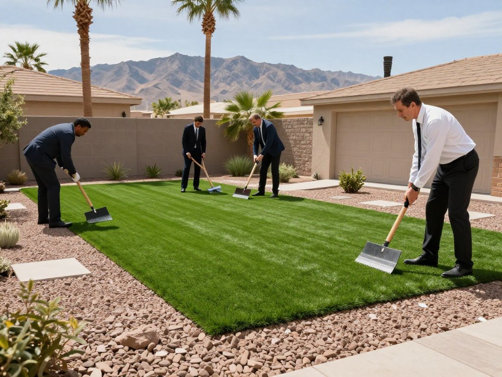 A professional landscaping team installing vibrant green synthetic turf in a luxury Las Vegas backyard, featuring a crushed rock base, specialized tools, and a backdrop of desert mountains and palm trees, high-resolution, cinematic lighting. A professional landscaping team installing vibrant green synthetic turf in a luxury Las Vegas backyard, featuring a crushed rock base, specialized tools, and a backdrop of desert mountains and palm trees, high-resolution, cinematic lighting.