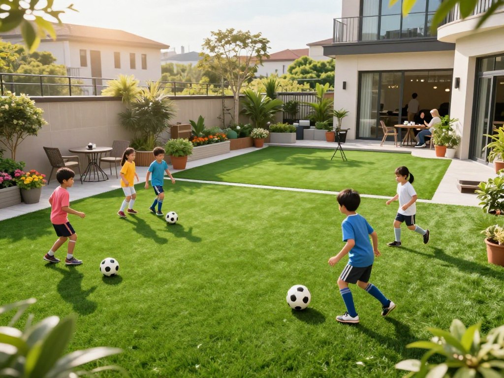 A vibrant image showcasing the versatile applications of synthetic turf across various spaces. In the foreground, a lush green synthetic lawn is depicted with children playing soccer, dressed in colorful athletic gear, fostering a lively atmosphere. In the middle ground, an elegant residential backyard features a beautifully manicured synthetic lawn, surrounded by flower beds and outdoor furniture, under warm afternoon sunlight. In the background, a modern commercial space utilizes synthetic turf on a rooftop garden, adorned with potted plants and people enjoying a coffee break. The scene captures bright, natural lighting with a soft-focus effect on distant elements, evoking a sense of innovation and eco-friendliness while emphasizing the adaptability of synthetic turf. A vibrant image showcasing the versatile applications of synthetic turf across various spaces. In the foreground, a lush green synthetic lawn is depicted with children playing soccer, dressed in colorful athletic gear, fostering a lively atmosphere. In the middle ground, an elegant residential backyard features a beautifully manicured synthetic lawn, surrounded by flower beds and outdoor furniture, under warm afternoon sunlight. In the background, a modern commercial space utilizes synthetic turf on a rooftop garden, adorned with potted plants and people enjoying a coffee break. The scene captures bright, natural lighting with a soft-focus effect on distant elements, evoking a sense of innovation and eco-friendliness while emphasizing the adaptability of synthetic turf.