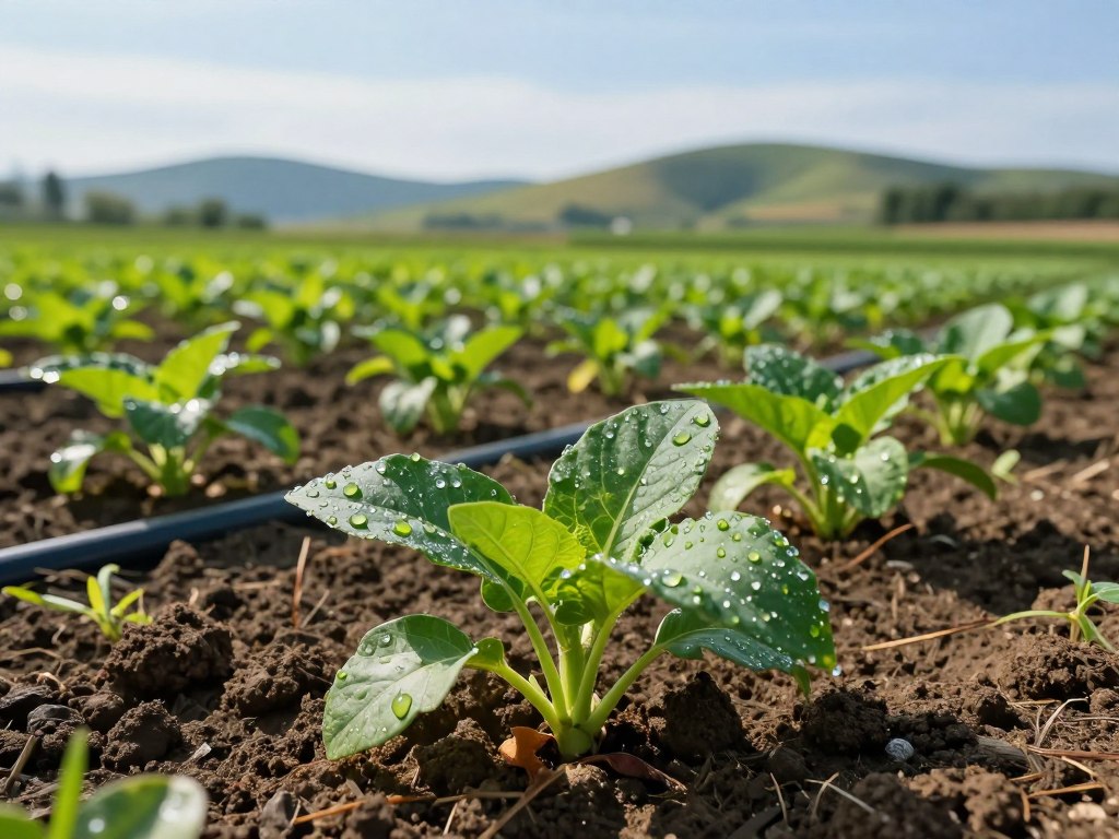 A vibrant, lush agricultural landscape featuring healthy green plants thriving in well-irrigated soil, showcasing the intricate relationship between plants, soil, and water. In the foreground, a close-up of droplet-studded leaves glistening in the sunlight, emphasizing plant health. The middle ground displays rows of crops, evenly spaced, with a network of irrigation pipes snaking through, illustrating a well-optimized irrigation system. In the background, gently rolling hills under a clear blue sky create a serene atmosphere. Soft, warm lighting enhances the vivid colors of the plants and soil, while a slight lens blur in the background adds depth. The image conveys a sense of harmony and balance within the environment, ideal for highlighting the importance of the plant-soil-water connection.