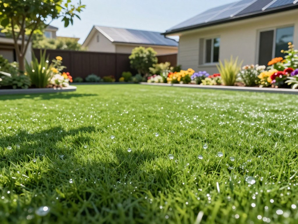 A vibrant outdoor scene showcasing a lush expanse of synthetic grass in a suburban backyard, demonstrating water conservation efforts. In the foreground, a close-up of the textured, green synthetic turf, glistening in the sunlight, with dewdrops reflecting light. In the middle ground, a well-maintained flower bed with colorful blooms, highlighting the contrast between the synthetic grass and natural plants. In the background, a modern home with solar panels on the roof under a clear blue sky, suggesting eco-friendly living. Soft sunlight filters through the leaves of nearby trees, casting gentle shadows on the grass. The mood is peaceful and refreshing, emphasizing sustainability and the benefits of synthetic turf for water conservation without any human figures present. A vibrant outdoor scene showcasing a lush expanse of synthetic grass in a suburban backyard, demonstrating water conservation efforts. In the foreground, a close-up of the textured, green synthetic turf, glistening in the sunlight, with dewdrops reflecting light. In the middle ground, a well-maintained flower bed with colorful blooms, highlighting the contrast between the synthetic grass and natural plants. In the background, a modern home with solar panels on the roof under a clear blue sky, suggesting eco-friendly living. Soft sunlight filters through the leaves of nearby trees, casting gentle shadows on the grass. The mood is peaceful and refreshing, emphasizing sustainability and the benefits of synthetic turf for water conservation without any human figures present.