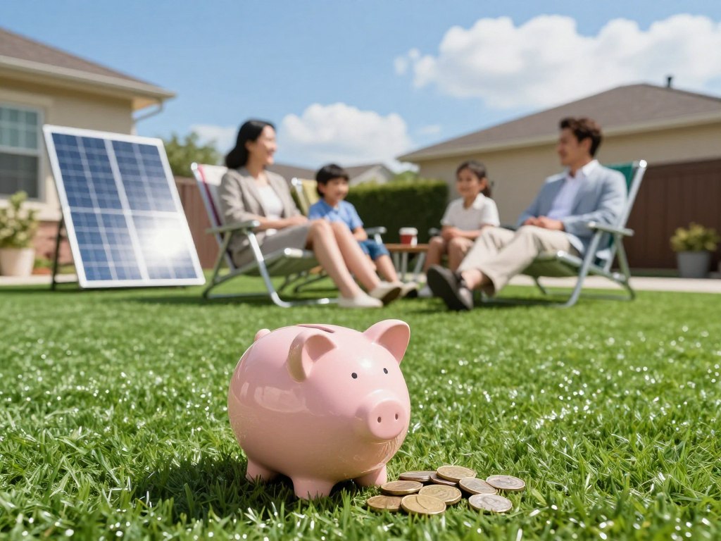 A vibrant scene showcasing a well-maintained synthetic lawn in a suburban backyard. In the foreground, a piggy bank overflowing with bright coins rests atop a green patch of synthetic grass, symbolizing savings. In the middle ground, a family is casually enjoying a sunny afternoon, clad in professional casual attire, with a satisfied smile as they relax on lounge chairs, while a solar panel glints in the sunlight beside them, hinting at reduced utility bills. In the background, a clear blue sky and a few fluffy clouds enhance the cheerful atmosphere. The lighting is bright and inviting, with soft shadows to create a warm, uplifting mood. Capture this moment from a slightly elevated angle to encompass the whole scene beautifully. A vibrant scene showcasing a well-maintained synthetic lawn in a suburban backyard. In the foreground, a piggy bank overflowing with bright coins rests atop a green patch of synthetic grass, symbolizing savings. In the middle ground, a family is casually enjoying a sunny afternoon, clad in professional casual attire, with a satisfied smile as they relax on lounge chairs, while a solar panel glints in the sunlight beside them, hinting at reduced utility bills. In the background, a clear blue sky and a few fluffy clouds enhance the cheerful atmosphere. The lighting is bright and inviting, with soft shadows to create a warm, uplifting mood. Capture this moment from a slightly elevated angle to encompass the whole scene beautifully.