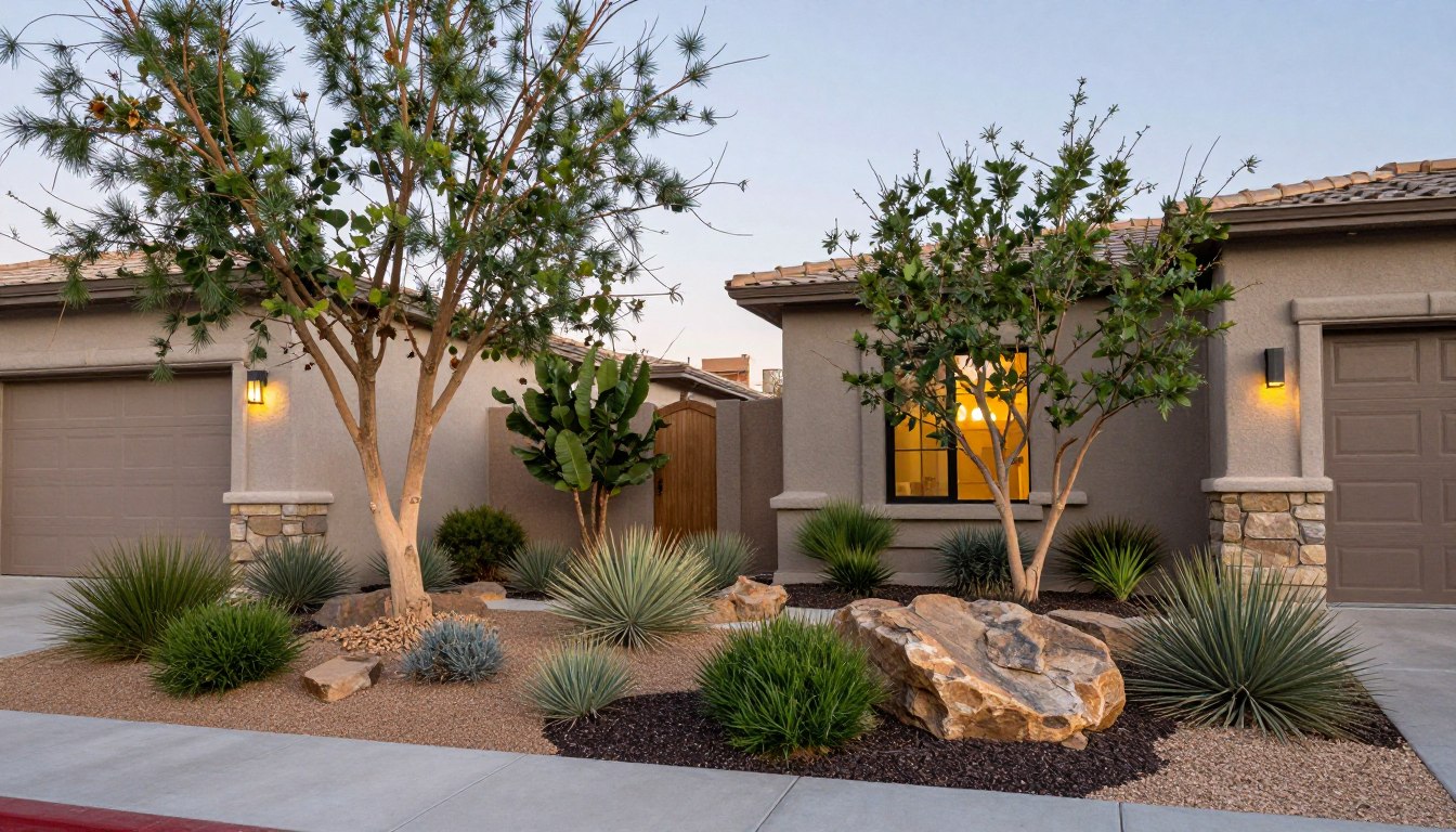 Complete Las Vegas landscape design showing trees, shrubs, and groundcovers installed professionally