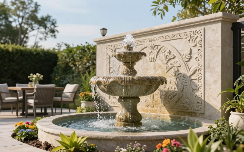 A beautifully designed wall fountain, featuring cascading water flowing over intricately carved stone, creates a serene focal point in a modern outdoor patio. The foreground showcases vibrant green plants and colorful flowers arranged strategically around the base, enhancing the natural ambiance. In the middle ground, the fountain is framed by tastefully arranged outdoor furniture, including a chic dining set and soft cushions, inviting relaxation. The background features a subtle blur of tall trees and a clear blue sky, capturing a peaceful, sunlit atmosphere. Soft, diffused lighting highlights the textures of the stone and water, creating a tranquil, inviting mood. The composition is captured from a low angle, emphasizing the grandeur of the fountain while keeping a cozy feel. A beautifully designed wall fountain, featuring cascading water flowing over intricately carved stone, creates a serene focal point in a modern outdoor patio. The foreground showcases vibrant green plants and colorful flowers arranged strategically around the base, enhancing the natural ambiance. In the middle ground, the fountain is framed by tastefully arranged outdoor furniture, including a chic dining set and soft cushions, inviting relaxation. The background features a subtle blur of tall trees and a clear blue sky, capturing a peaceful, sunlit atmosphere. Soft, diffused lighting highlights the textures of the stone and water, creating a tranquil, inviting mood. The composition is captured from a low angle, emphasizing the grandeur of the fountain while keeping a cozy feel.