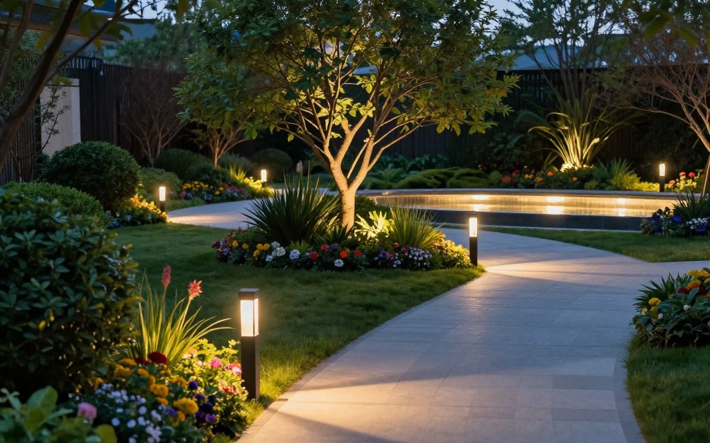 A beautifully illuminated garden scene showcasing various landscape lighting types, featuring path lights, accent lights, and soft ambient lighting. In the foreground, sleek modern path lights guide the viewer’s eye along a winding pathway, illuminating lush greenery and colorful flowers. In the middle ground, a subtle spotlight highlights an elegant tree, casting artistic shadows on the ground. The background includes a soft, serene water feature reflecting the gentle glow of warm-toned lights, enhancing the tranquil atmosphere. Capture this scene during twilight to emphasize the interplay of natural and artificial light, using a wide-angle lens to create a depth of field that draws the viewer into the enchanting environment. The mood should evoke a sense of calm sophistication, perfect for outdoor gatherings.