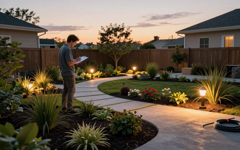 A beautifully landscaped yard is being prepared for landscape lighting installation. In the foreground, a professional wearing modest casual clothing is examining various garden plants and pathways, taking notes on a clipboard. The middle ground features neatly arranged stepping stones and flower beds ready for lighting fixtures. The background shows a serene evening sky with soft twilight hues, highlighting the potential glow of future lighting. Subtle garden tools and rolled cables lie nearby, suggesting an organized workspace. The scene is illuminated by gentle golden hour sunlight, creating a warm and inviting atmosphere, while the overall ambiance conveys a sense of preparation and anticipation for the upcoming installation. The composition uses a wide-angle perspective to encompass the entire yard, emphasizing the exciting transformation ahead.