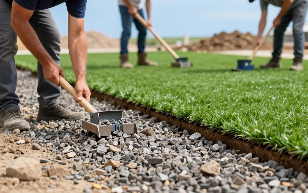 A close-up view of a professional landscaping crew laying a solid base for synthetic turf, demonstrating proper drainage techniques. In the foreground, workers wearing modest casual clothing are carefully compacting gravel with tools to create an even surface. The middle ground features a lush green synthetic turf awaiting installation, with clear drainage channels visible underneath. In the background, a bright blue sky contrasts with the earthy tones of the construction site, emphasizing a vibrant, outdoor atmosphere. Soft natural light illuminates the scene, creating an inviting and professional mood. The image is captured from a low angle to highlight the detailed work involved in preparing a solid foundation for grass, ensuring clarity and focus on the installation process. A close-up view of a professional landscaping crew laying a solid base for synthetic turf, demonstrating proper drainage techniques. In the foreground, workers wearing modest casual clothing are carefully compacting gravel with tools to create an even surface. The middle ground features a lush green synthetic turf awaiting installation, with clear drainage channels visible underneath. In the background, a bright blue sky contrasts with the earthy tones of the construction site, emphasizing a vibrant, outdoor atmosphere. Soft natural light illuminates the scene, creating an inviting and professional mood. The image is captured from a low angle to highlight the detailed work involved in preparing a solid foundation for grass, ensuring clarity and focus on the installation process.