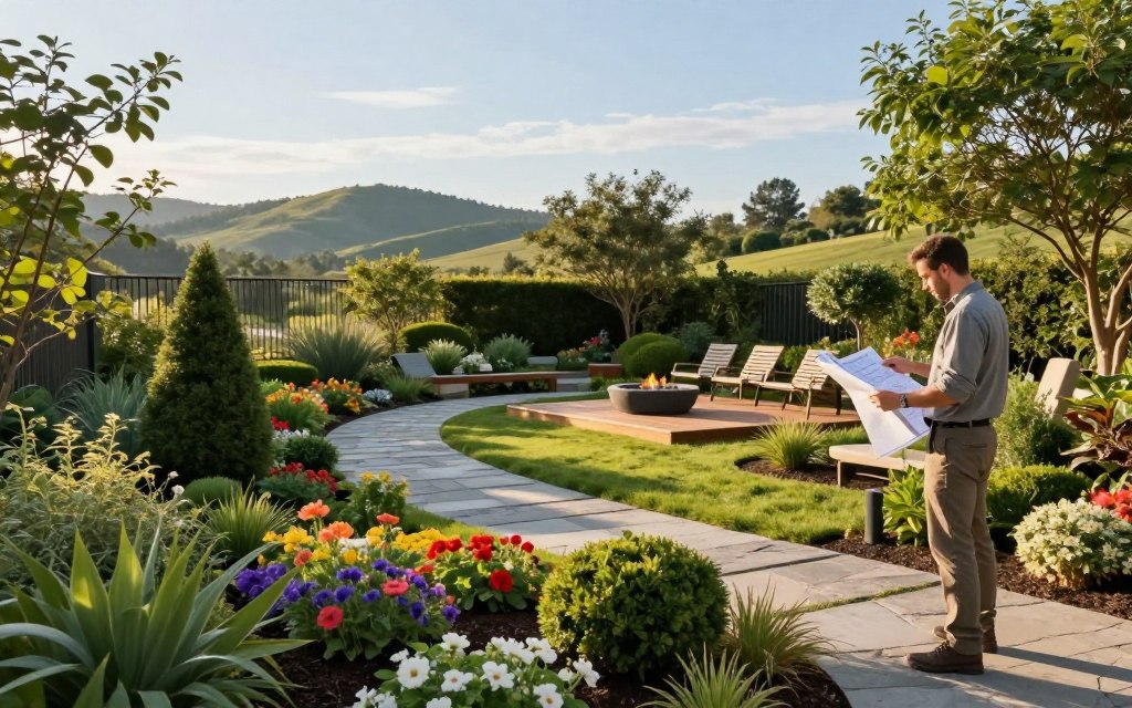 A comprehensive overview of landscape design build services in a picturesque outdoor setting. In the foreground, a well-maintained garden is visible, featuring vibrant flowers and neatly trimmed shrubs, with a professional landscape designer in modest casual attire, examining blueprints. The middle ground shows a diverse range of outdoor amenities like stone pathways, a wooden patio, and a fire pit, surrounded by lush greenery. In the background, a tranquil view of rolling hills and a clear blue sky creates a serene atmosphere. The lighting is warm and inviting, suggesting a late afternoon sun, with soft shadows enhancing the details of the landscape. The scene conveys a sense of harmony and professionalism, showcasing the beauty and functionality of seasonal outdoor spaces. A comprehensive overview of landscape design build services in a picturesque outdoor setting. In the foreground, a well-maintained garden is visible, featuring vibrant flowers and neatly trimmed shrubs, with a professional landscape designer in modest casual attire, examining blueprints. The middle ground shows a diverse range of outdoor amenities like stone pathways, a wooden patio, and a fire pit, surrounded by lush greenery. In the background, a tranquil view of rolling hills and a clear blue sky creates a serene atmosphere. The lighting is warm and inviting, suggesting a late afternoon sun, with soft shadows enhancing the details of the landscape. The scene conveys a sense of harmony and professionalism, showcasing the beauty and functionality of seasonal outdoor spaces.