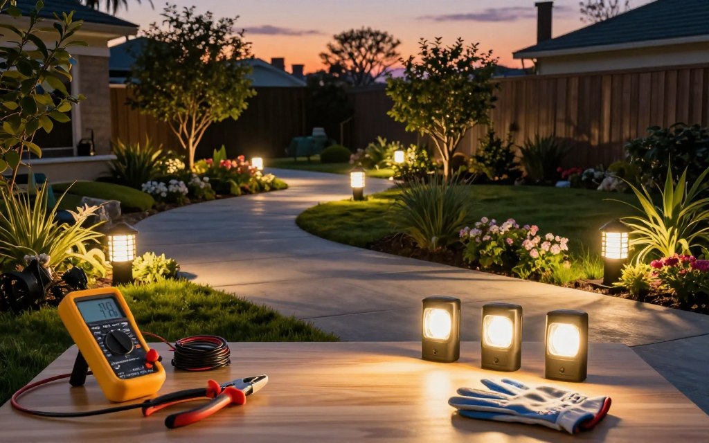 A detailed DIY landscape lighting installation guide, featuring a serene evening garden setting. In the foreground, display an organized workspace with tools like a multimeter, wire cutters, and gloves, alongside beautifully arranged modern LED lights ready for installation. In the middle ground, show a partially installed lighting system highlighting pathways and accentuating plants, creating inviting shadows and soft glows. In the background, a well-maintained garden with flourishing flowers and shrubs softly illuminated, under a twilight sky with a warm orange and purple gradient. The scene should evoke a peaceful and engaging atmosphere, perfect for homeowners aspiring to enhance their landscape with smart lighting solutions. Use soft, diffused lighting to emphasize the warmth and accessibility of DIY home improvement.
