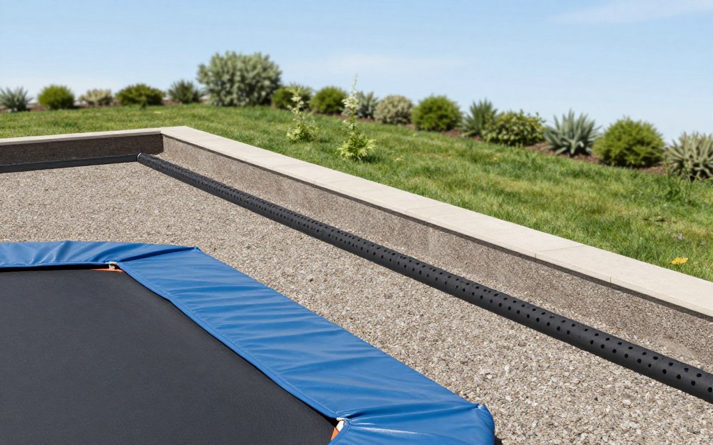 A detailed illustration of an in-ground trampoline drainage plan, showcasing the layout of the trampoline and surrounding drainage system. In the foreground, clearly visible is the edge of the trampoline, with water channels strategically placed around it to direct excess water away. The middle ground features a cross-section view of the ground, displaying gravel and perforated pipes designed for drainage. In the background, a landscaped yard with grass, shrubs, and a clear blue sky conveys a serene outdoor setting. Soft, natural lighting illuminates the scene, creating a peaceful, informative atmosphere. The angle should provide a comprehensive view, highlighting the importance of an effective drainage solution. A detailed illustration of an in-ground trampoline drainage plan, showcasing the layout of the trampoline and surrounding drainage system. In the foreground, clearly visible is the edge of the trampoline, with water channels strategically placed around it to direct excess water away. The middle ground features a cross-section view of the ground, displaying gravel and perforated pipes designed for drainage. In the background, a landscaped yard with grass, shrubs, and a clear blue sky conveys a serene outdoor setting. Soft, natural lighting illuminates the scene, creating a peaceful, informative atmosphere. The angle should provide a comprehensive view, highlighting the importance of an effective drainage solution.