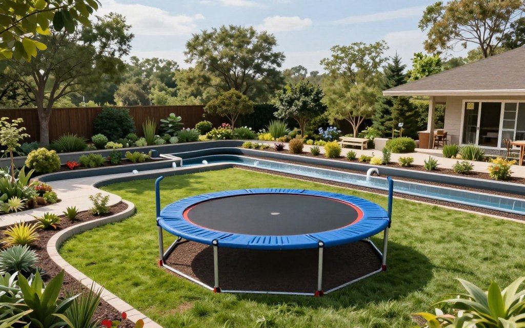 A detailed, technical illustration of an in-ground trampoline drainage plan, showcasing layers of the surrounding landscape. In the foreground, focus on the trampoline itself, nestled into a well-maintained backyard, surrounded by vibrant grass and planting beds. The middle layer features a comprehensive drainage system, with visible piping and water channels, demonstrating how rainwater is managed. In the background, tranquil trees and a clear sky provide a serene atmosphere, while soft, natural lighting enhances the scene. Use a wide-angle lens perspective to capture the full scope of the backyard and drainage design. The overall mood is practical and inviting, emphasizing the importance of a smart drainage plan for enhancing the backyard experience. A detailed, technical illustration of an in-ground trampoline drainage plan, showcasing layers of the surrounding landscape. In the foreground, focus on the trampoline itself, nestled into a well-maintained backyard, surrounded by vibrant grass and planting beds. The middle layer features a comprehensive drainage system, with visible piping and water channels, demonstrating how rainwater is managed. In the background, tranquil trees and a clear sky provide a serene atmosphere, while soft, natural lighting enhances the scene. Use a wide-angle lens perspective to capture the full scope of the backyard and drainage design. The overall mood is practical and inviting, emphasizing the importance of a smart drainage plan for enhancing the backyard experience.