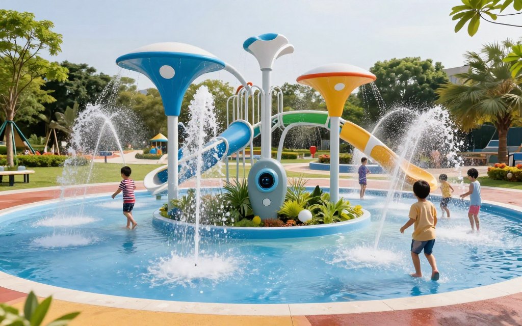 A futuristic splash pad featuring advanced AI water-saving technology, showcasing a vibrant design that blends functionality with playful elements. In the foreground, sleek, automated water jets are sprouting innovative, colorful structures where children are joyfully playing, wearing modest casual clothing. The middle ground features smart sensors and sustainable design elements, integrating greenery and interactive water features. In the background, a sunny park with engaging landscapes creates a welcoming atmosphere. The lighting is bright and cheerful, capturing the essence of a lively summer day. Use a wide-angle lens to emphasize the scale of the installation and enhance the dynamic feel of the environment, ensuring the scene reflects a harmonious blend of technology and leisure. A futuristic splash pad featuring advanced AI water-saving technology, showcasing a vibrant design that blends functionality with playful elements. In the foreground, sleek, automated water jets are sprouting innovative, colorful structures where children are joyfully playing, wearing modest casual clothing. The middle ground features smart sensors and sustainable design elements, integrating greenery and interactive water features. In the background, a sunny park with engaging landscapes creates a welcoming atmosphere. The lighting is bright and cheerful, capturing the essence of a lively summer day. Use a wide-angle lens to emphasize the scale of the installation and enhance the dynamic feel of the environment, ensuring the scene reflects a harmonious blend of technology and leisure.