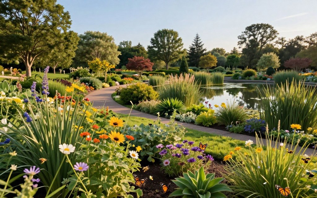 A harmonious landscape design that integrates biodiversity, featuring a lush garden filled with a variety of native plants, wildflowers, and grasses. In the foreground, butterflies and bees can be seen interacting with vibrant blossoms, symbolizing the importance of pollinators. The middle ground showcases a meandering path lined with diverse shrubs and trees, providing habitats for small birds and insects. In the background, a tranquil pond reflects the clear blue sky, surrounded by reeds and aquatic plants, enhancing the ecosystem. The scene is illuminated by soft, golden sunlight, creating an inviting and peaceful atmosphere. The composition is framed with a wide-angle perspective, emphasizing the integration of nature and design in landscape architecture. A harmonious landscape design that integrates biodiversity, featuring a lush garden filled with a variety of native plants, wildflowers, and grasses. In the foreground, butterflies and bees can be seen interacting with vibrant blossoms, symbolizing the importance of pollinators. The middle ground showcases a meandering path lined with diverse shrubs and trees, providing habitats for small birds and insects. In the background, a tranquil pond reflects the clear blue sky, surrounded by reeds and aquatic plants, enhancing the ecosystem. The scene is illuminated by soft, golden sunlight, creating an inviting and peaceful atmosphere. The composition is framed with a wide-angle perspective, emphasizing the integration of nature and design in landscape architecture.