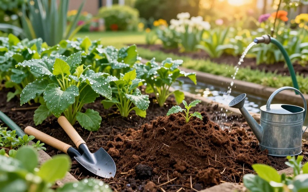 A lush garden scene showcasing an array of soil essentials: a rich, dark-brown compost pile in the foreground, with small plants emerging from the soil. Various gardening tools like a small trowel and watering can are placed beside the soil, hinting at active gardening. In the middle ground, rows of vibrant green plants with moisture droplets glistening on their leaves indicate fresh watering. A gentle stream of water from a hose is visible, reflecting sunlight. The background features a soft-focus view of a sunny garden with flowerbeds and trees, creating a peaceful atmosphere. The lighting is warm and natural, enhancing the freshness of the scene, captured from a slightly elevated angle to provide depth and perspective. A lush garden scene showcasing an array of soil essentials: a rich, dark-brown compost pile in the foreground, with small plants emerging from the soil. Various gardening tools like a small trowel and watering can are placed beside the soil, hinting at active gardening. In the middle ground, rows of vibrant green plants with moisture droplets glistening on their leaves indicate fresh watering. A gentle stream of water from a hose is visible, reflecting sunlight. The background features a soft-focus view of a sunny garden with flowerbeds and trees, creating a peaceful atmosphere. The lighting is warm and natural, enhancing the freshness of the scene, captured from a slightly elevated angle to provide depth and perspective.