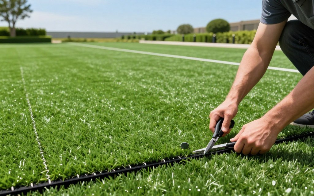 A lush, meticulously installed synthetic turf area showcasing precision cutting and seaming techniques. In the foreground, a skilled professional in smart casual attire is carefully using specialized tools to seamlessly cut and seam the turf edges, highlighting details like sharp scissors and a straight edge. The middle ground features a vibrant green turf laid out with precise seams, demonstrating the quality of installation and attention to detail. The background presents a clear blue sky and neatly trimmed landscaping, creating a serene and professional atmosphere. Soft, natural lighting enhances the colors and textures of the turf, conveying an image of high-quality craftsmanship in a safe and non-toxic setting. A lush, meticulously installed synthetic turf area showcasing precision cutting and seaming techniques. In the foreground, a skilled professional in smart casual attire is carefully using specialized tools to seamlessly cut and seam the turf edges, highlighting details like sharp scissors and a straight edge. The middle ground features a vibrant green turf laid out with precise seams, demonstrating the quality of installation and attention to detail. The background presents a clear blue sky and neatly trimmed landscaping, creating a serene and professional atmosphere. Soft, natural lighting enhances the colors and textures of the turf, conveying an image of high-quality craftsmanship in a safe and non-toxic setting.