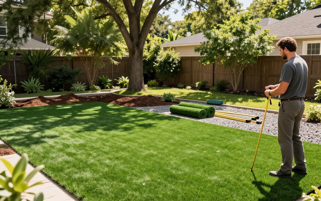 A lush, well-maintained backyard is being prepared for the installation of synthetic turf. In the foreground, a professional landscaper, dressed in modest casual clothing, is surveying the yard with measuring tools in hand. The middle layer features neatly piled soil and gravel, alongside essential installation materials like rolls of synthetic grass and landscape fabric. In the background, tall trees cast dappled sunlight across the space, creating a serene atmosphere. The lighting is bright and natural, suggesting a sunny day, with shadows adding depth. The angle of the shot captures both the setup process and the inviting beauty of the yard, conveying a sense of readiness and professionalism for the synthetic turf project. A lush, well-maintained backyard is being prepared for the installation of synthetic turf. In the foreground, a professional landscaper, dressed in modest casual clothing, is surveying the yard with measuring tools in hand. The middle layer features neatly piled soil and gravel, alongside essential installation materials like rolls of synthetic grass and landscape fabric. In the background, tall trees cast dappled sunlight across the space, creating a serene atmosphere. The lighting is bright and natural, suggesting a sunny day, with shadows adding depth. The angle of the shot captures both the setup process and the inviting beauty of the yard, conveying a sense of readiness and professionalism for the synthetic turf project.