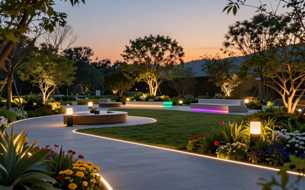 A modern landscape featuring an advanced smart lighting system for 2026, showcasing a beautifully designed outdoor space. In the foreground, sleek, energy-efficient LED lights outline pathways, highlighting vibrant flowers and lush greenery. The middle ground includes stylishly arranged seating areas, accentuated by smart light fixtures that change colors to create a warm, inviting atmosphere. The background is filled with tall trees softly illuminated with subtle, atmospheric lighting, creating a serene, magical feel. The scene is set during dusk, with a softly glowing sky transitioning from orange to deep blue. Use a wide-angle lens to capture the expansiveness of the space, ensuring a gentle bokeh effect on the edges to focus on the innovative lighting features. The mood is peaceful and inviting, ideal for enhancing outdoor gatherings.