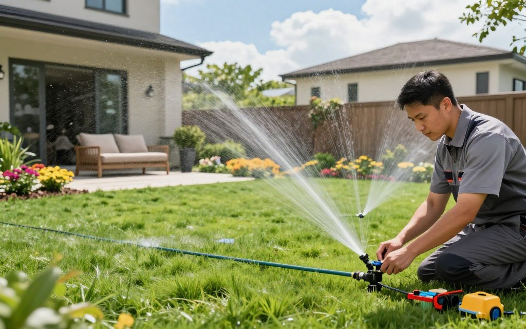 A modern residential yard featuring an efficient lawn irrigation system, showcasing a professional technician in business attire connecting drip lines alongside traditional sprinklers. The foreground highlights the technician's focused expression as they adjust the system, tools neatly arranged nearby. In the middle ground, lush green grass is visible, interspersed with vibrant flower beds receiving targeted watering. The background includes a well-maintained home with a cozy patio and a blue sky dotted with soft, white clouds, indicating a sunny day. The lighting is bright and natural, emphasizing the healthy greenery while softening any harsh shadows to create an inviting atmosphere. Showcase the modernity and reliability of professional lawn irrigation services, reflecting care for the environment and efficient resource management. A modern residential yard featuring an efficient lawn irrigation system, showcasing a professional technician in business attire connecting drip lines alongside traditional sprinklers. The foreground highlights the technician's focused expression as they adjust the system, tools neatly arranged nearby. In the middle ground, lush green grass is visible, interspersed with vibrant flower beds receiving targeted watering. The background includes a well-maintained home with a cozy patio and a blue sky dotted with soft, white clouds, indicating a sunny day. The lighting is bright and natural, emphasizing the healthy greenery while softening any harsh shadows to create an inviting atmosphere. Showcase the modernity and reliability of professional lawn irrigation services, reflecting care for the environment and efficient resource management.