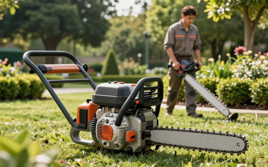 A powerful gas-powered machine dominates the foreground, featuring a rugged, industrial design, showcasing its engine and various tools for heavy-duty landscape maintenance—such as a chainsaw, brush cutter, and leaf blower. In the middle ground, a professional landscape technician in modest work attire operates the equipment, demonstrating its efficiency in maintaining a commercial outdoor space. The background is a lush green park setting, with well-manicured shrubs and trees, emphasizing the equipment's purpose. Soft, natural sunlight filters through the foliage, creating dynamic lighting that highlights the machine's features and the technician's focused expression. The scene conveys a sense of strength and reliability, illustrating the advantages of gas-powered equipment in heavy-duty tasks for landscape maintenance. A powerful gas-powered machine dominates the foreground, featuring a rugged, industrial design, showcasing its engine and various tools for heavy-duty landscape maintenance—such as a chainsaw, brush cutter, and leaf blower. In the middle ground, a professional landscape technician in modest work attire operates the equipment, demonstrating its efficiency in maintaining a commercial outdoor space. The background is a lush green park setting, with well-manicured shrubs and trees, emphasizing the equipment's purpose. Soft, natural sunlight filters through the foliage, creating dynamic lighting that highlights the machine's features and the technician's focused expression. The scene conveys a sense of strength and reliability, illustrating the advantages of gas-powered equipment in heavy-duty tasks for landscape maintenance.