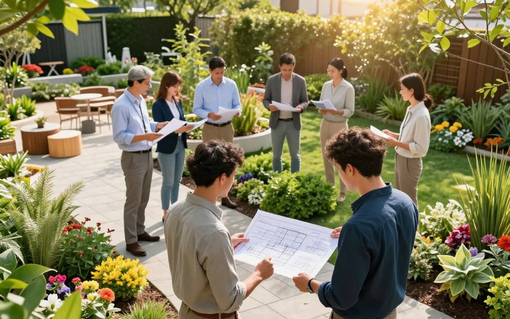 A professional landscape design team collaborates on a project in a lush, vibrant garden setting. In the foreground, two team members in smart casual attire engage in a discussion, analyzing blueprints and discussing design elements. The middle ground showcases a diverse group of professionals, including a landscape architect, a horticulturist, and a project manager, reviewing plant selections and materials under bright, natural sunlight. In the background, an attractive outdoor space is partially constructed, featuring elements like stone pathways, flower beds, and seating areas, creating a harmonious environment. The mood conveys teamwork and creativity, with warm lighting enhancing the inviting atmosphere, captured from an eye-level angle to highlight the collaboration and scenery. A professional landscape design team collaborates on a project in a lush, vibrant garden setting. In the foreground, two team members in smart casual attire engage in a discussion, analyzing blueprints and discussing design elements. The middle ground showcases a diverse group of professionals, including a landscape architect, a horticulturist, and a project manager, reviewing plant selections and materials under bright, natural sunlight. In the background, an attractive outdoor space is partially constructed, featuring elements like stone pathways, flower beds, and seating areas, creating a harmonious environment. The mood conveys teamwork and creativity, with warm lighting enhancing the inviting atmosphere, captured from an eye-level angle to highlight the collaboration and scenery.