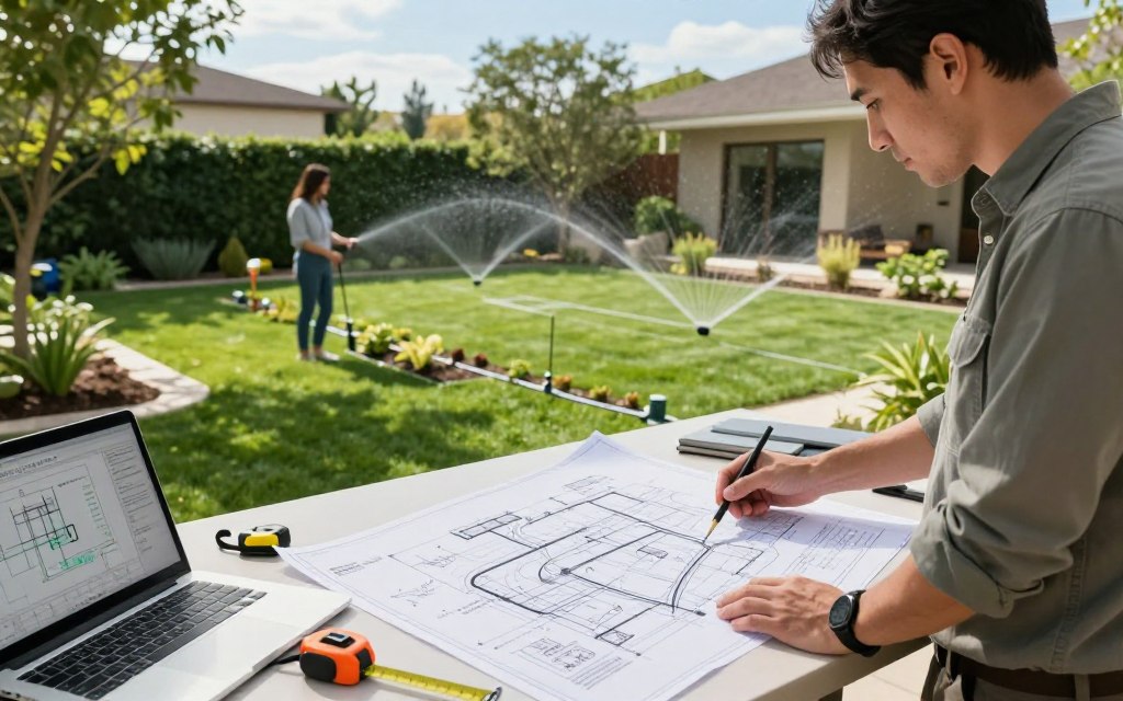 A professional landscape designer stands in a lush, green yard, referencing detailed blueprints and drawings of a modern irrigation system. In the foreground, a large planning table covered with sketches and various tools is visible, including a measuring tape and a laptop showing irrigation design software. In the middle ground, the designer, dressed in professional attire, examines an area marked for drip line installation, showcasing neat plant arrangements. The background features a well-maintained lawn with zones marked for sprinkler and drip irrigation systems. The scene is illuminated by soft, natural sunlight with a clear blue sky overhead, creating an optimistic and focused atmosphere. The angle captures both the designer and the planning work, conveying a sense of professionalism and dedication to efficient water management. A professional landscape designer stands in a lush, green yard, referencing detailed blueprints and drawings of a modern irrigation system. In the foreground, a large planning table covered with sketches and various tools is visible, including a measuring tape and a laptop showing irrigation design software. In the middle ground, the designer, dressed in professional attire, examines an area marked for drip line installation, showcasing neat plant arrangements. The background features a well-maintained lawn with zones marked for sprinkler and drip irrigation systems. The scene is illuminated by soft, natural sunlight with a clear blue sky overhead, creating an optimistic and focused atmosphere. The angle captures both the designer and the planning work, conveying a sense of professionalism and dedication to efficient water management.