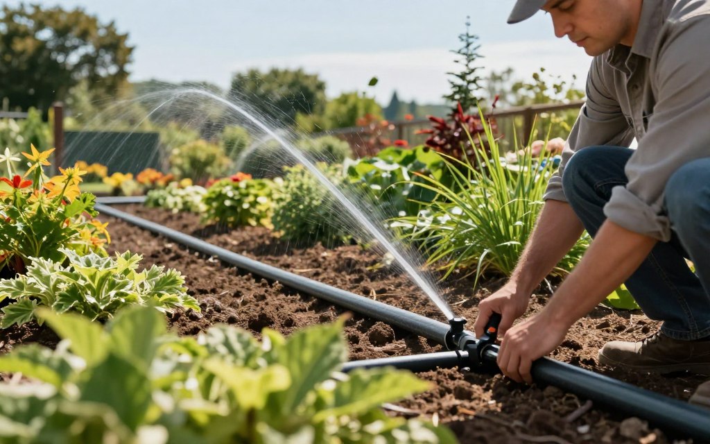 A professional landscape technician installs a modern irrigation system in a lush garden setting. In the foreground, focus on the technician in business casual attire, using tools to connect pipes and drip lines. The middle ground showcases newly laid hoses and a variety of vibrant plants with rich, green foliage, highlighting the effective integration of the irrigation system. In the background, a clear blue sky and distant trees create a serene atmosphere. Soft, natural lighting illuminates the scene, enhancing the textures of the plants and soil. The composition features a wide-angle view to capture the full scope of the installation process while conveying professionalism and care for landscape maintenance. A professional landscape technician installs a modern irrigation system in a lush garden setting. In the foreground, focus on the technician in business casual attire, using tools to connect pipes and drip lines. The middle ground showcases newly laid hoses and a variety of vibrant plants with rich, green foliage, highlighting the effective integration of the irrigation system. In the background, a clear blue sky and distant trees create a serene atmosphere. Soft, natural lighting illuminates the scene, enhancing the textures of the plants and soil. The composition features a wide-angle view to capture the full scope of the installation process while conveying professionalism and care for landscape maintenance.